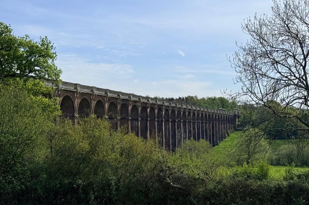 The brick arches of the Ouse Valley Viaduct, seen across trees and a green field on a sunny day